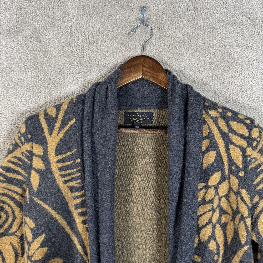 Icelandic Design Sweater Womens Small Gray Mustard‎ Wool Blend Cardigan Coatigan - Picture 2 of 10